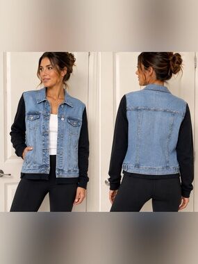 Levi’s Style Denim & Black Knit Sleeve Jacket | Casual Button Front | Women’s
